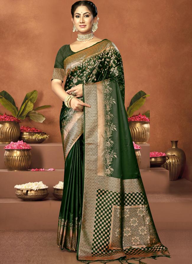 Sattin Silk Green Wedding Wear Printed Saree